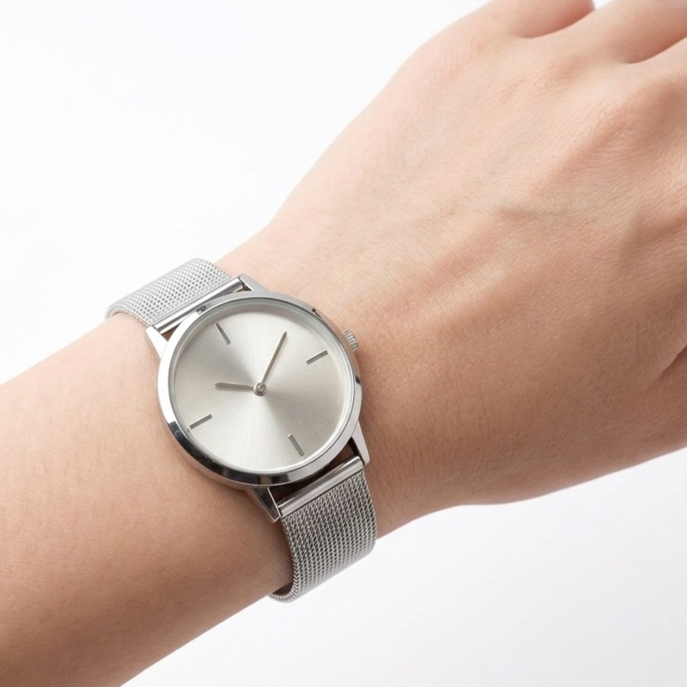 Minimalist Silver Mesh Womens Analog Watch Sunray Dial Modern